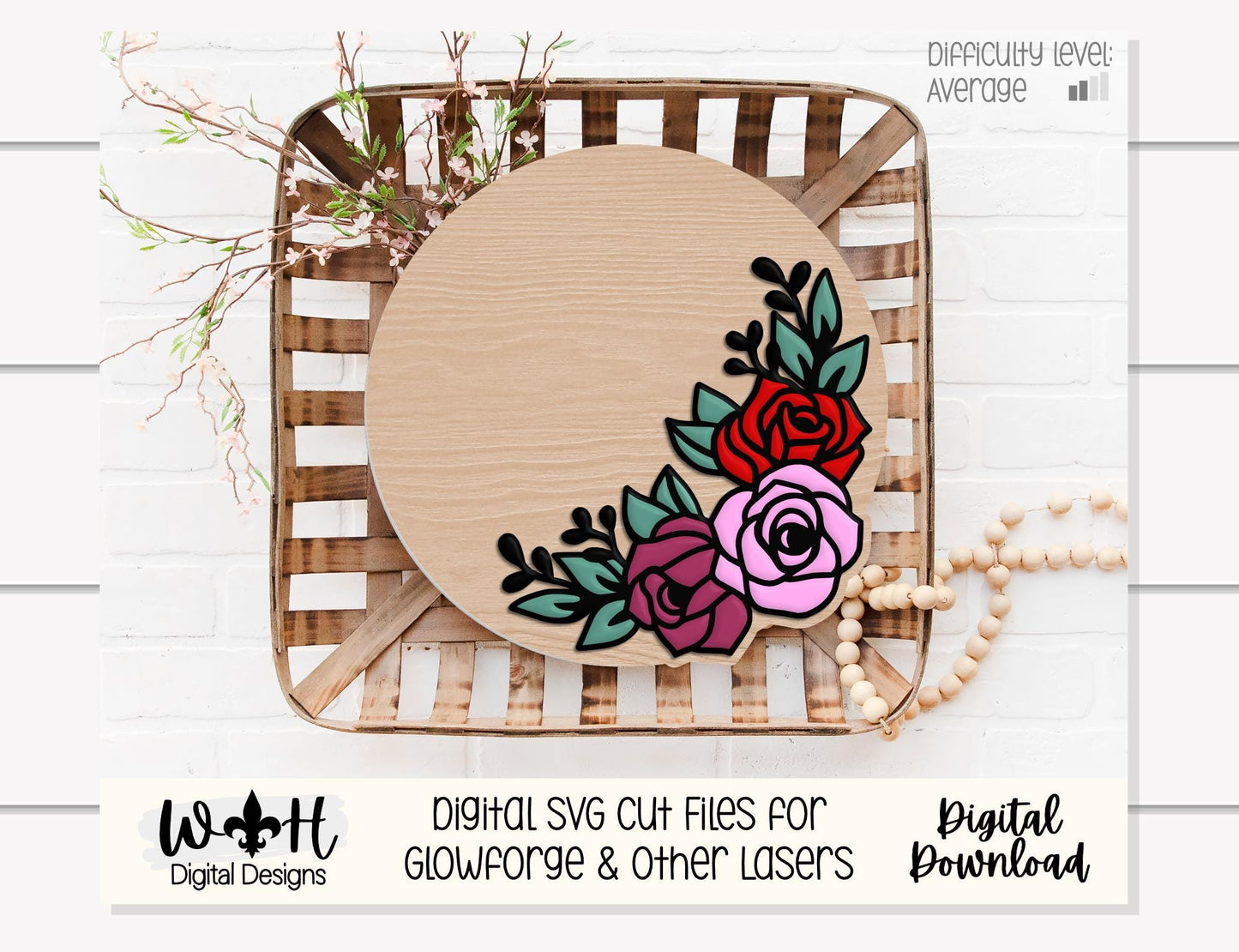 Avalynn Rose Outline Florals - Baby Nursery Round - Sign Making and DIY Kits - Offset Floral Digital SVG Cut File For Glowforge Lasers