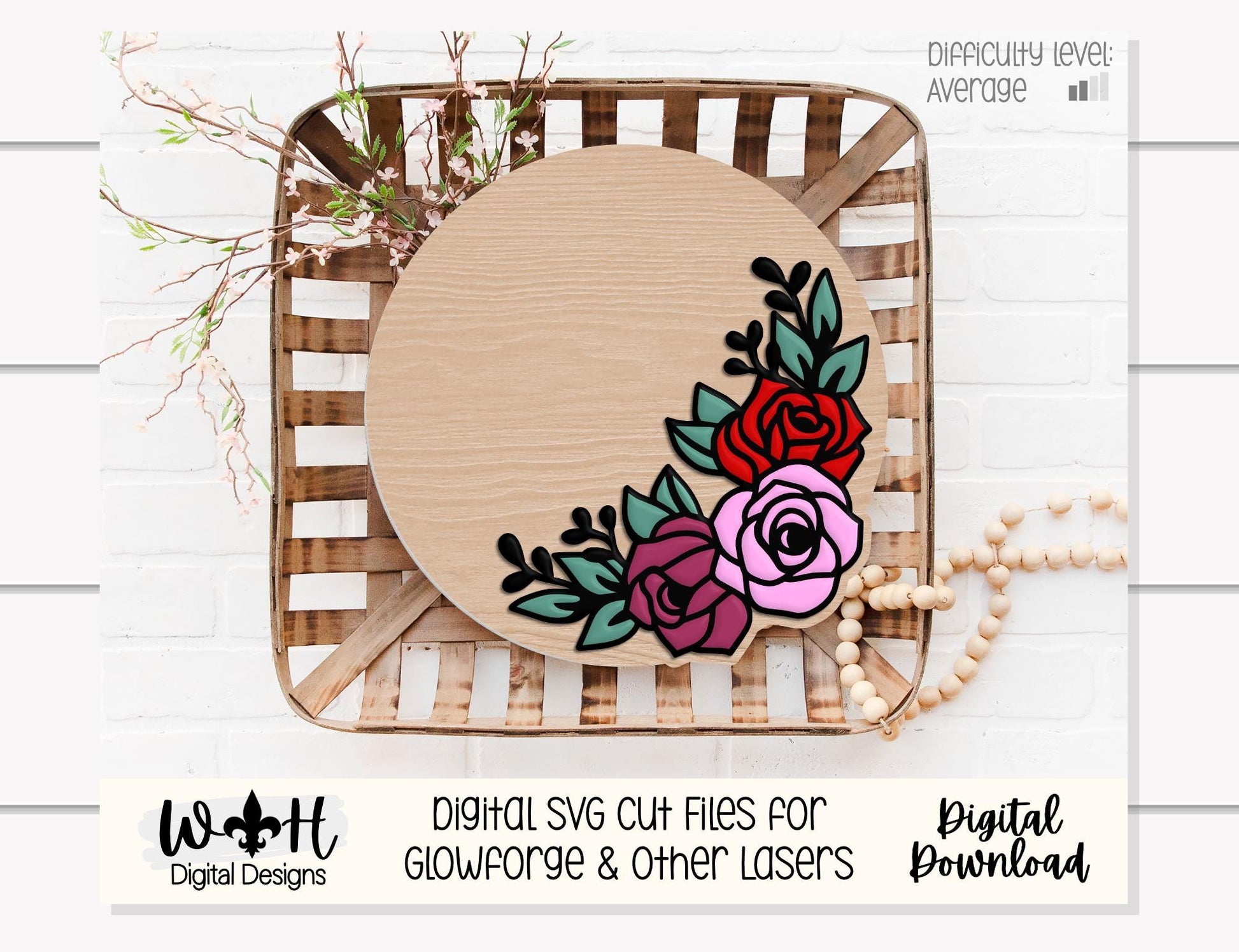 Avalynn Rose Outline Florals - Baby Nursery Round - Sign Making and DIY Kits - Offset Floral Digital SVG Cut File For Glowforge Lasers