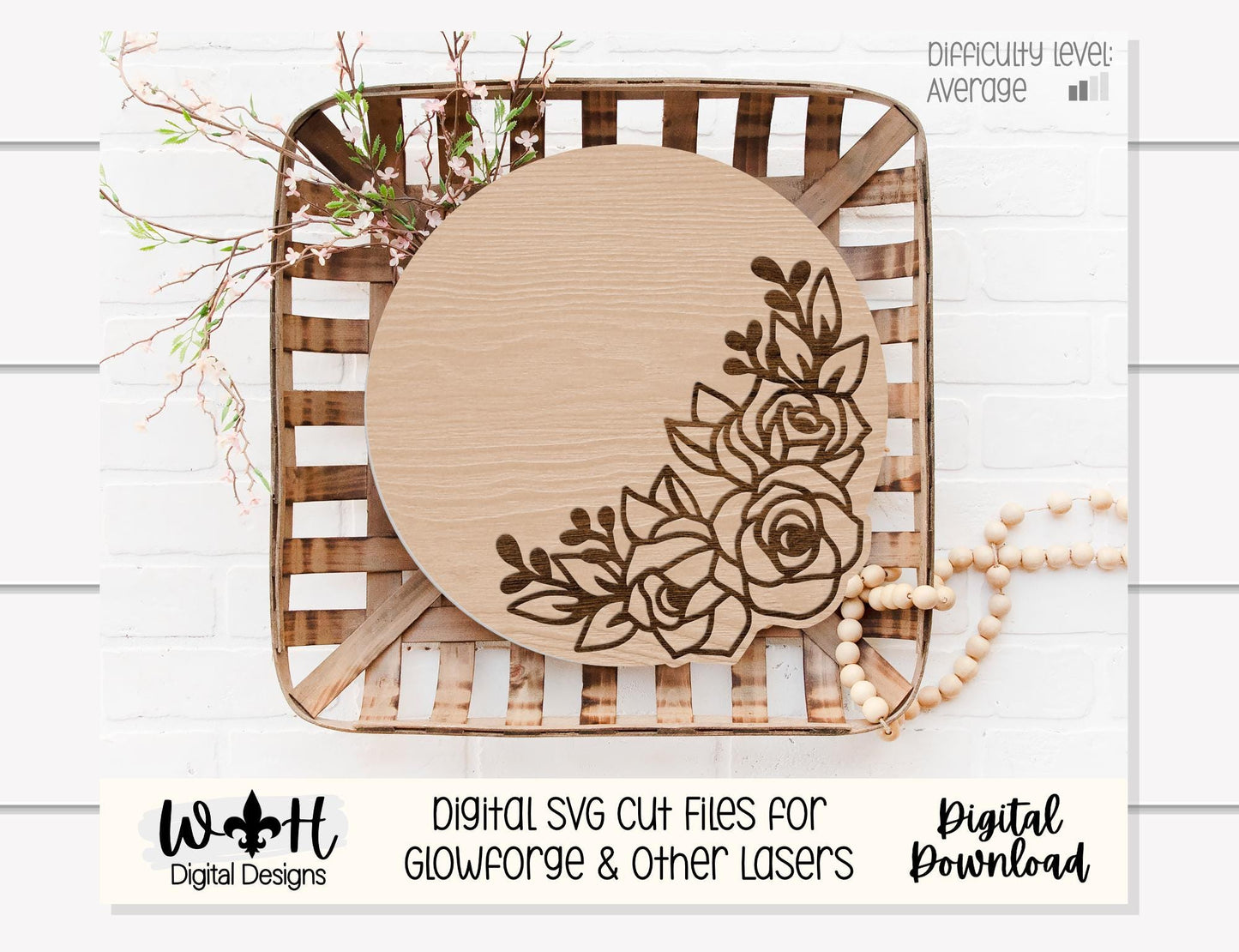 Avalynn Rose Outline Florals - Baby Nursery Round - Sign Making and DIY Kits - Offset Floral Digital SVG Cut File For Glowforge Lasers