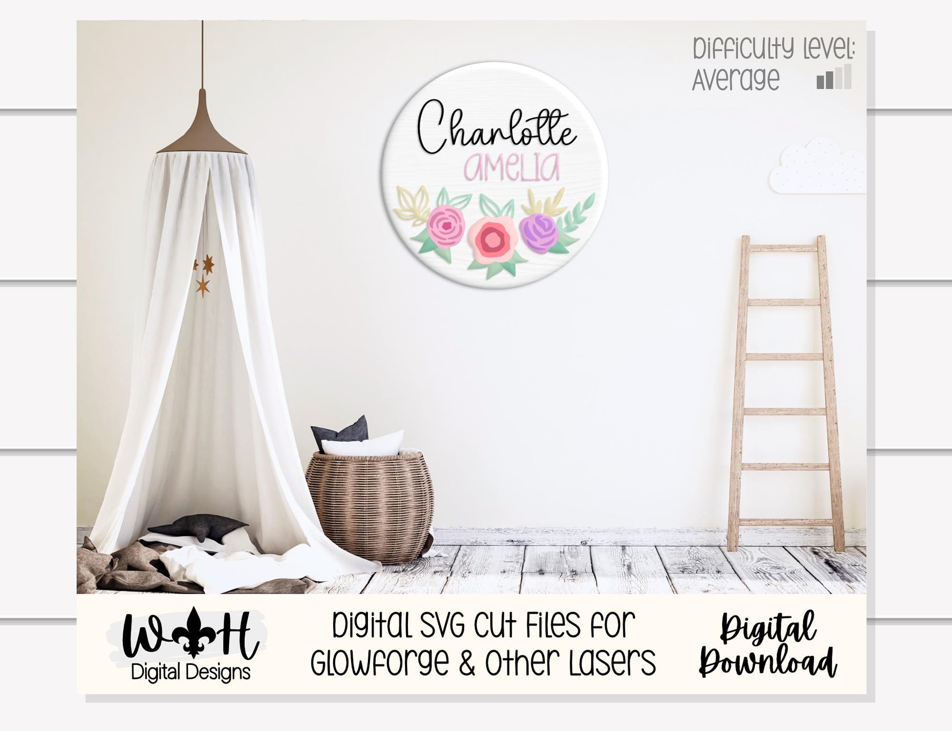Charlotte Amelia Inset Rose Cluster Florals - Baby Girl Nursery Sign - Birthday and Wedding Decor - Digital SVG Cut File For Glowforge Laser