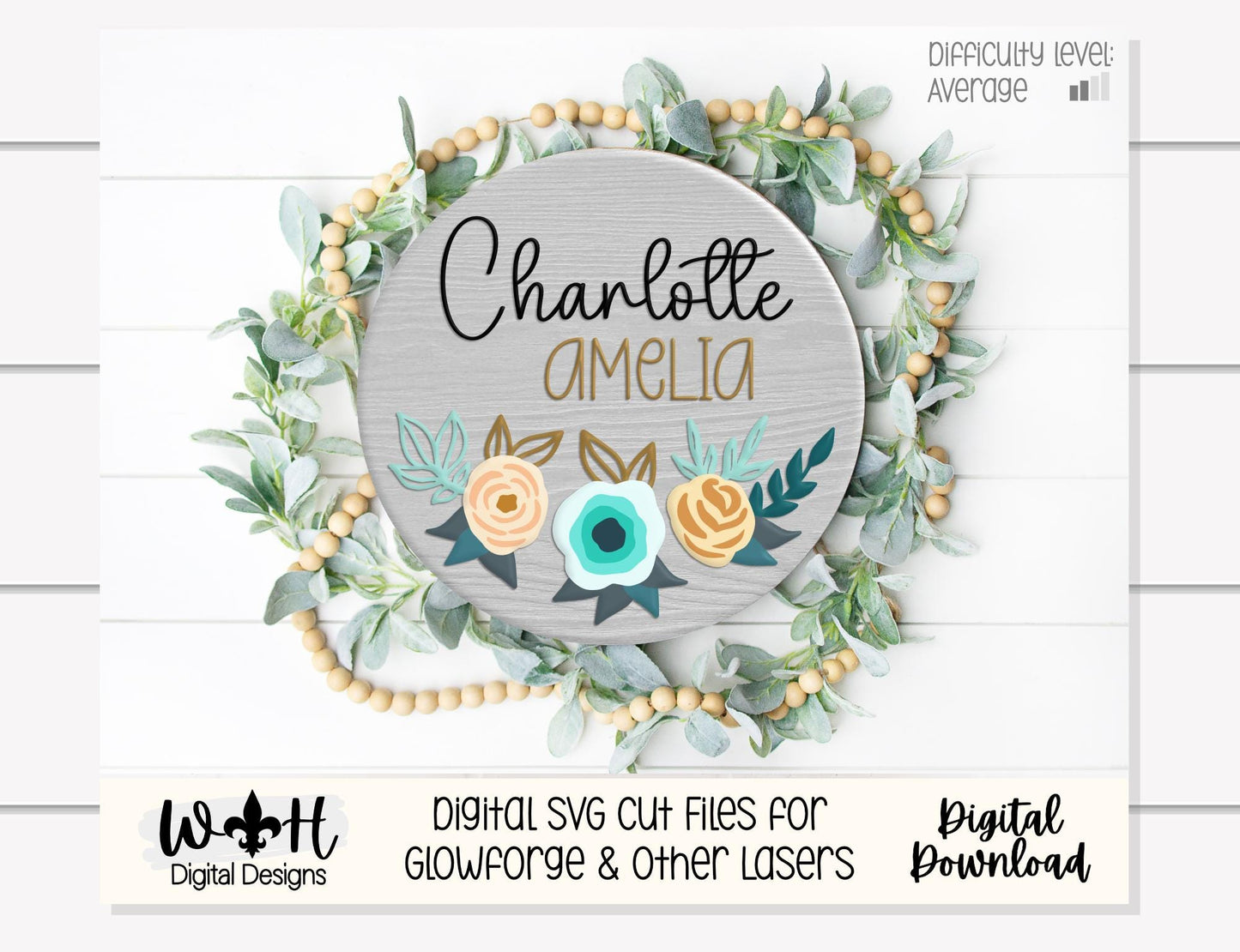 Charlotte Amelia Inset Rose Cluster Florals - Baby Girl Nursery Sign - Birthday and Wedding Decor - Digital SVG Cut File For Glowforge Laser