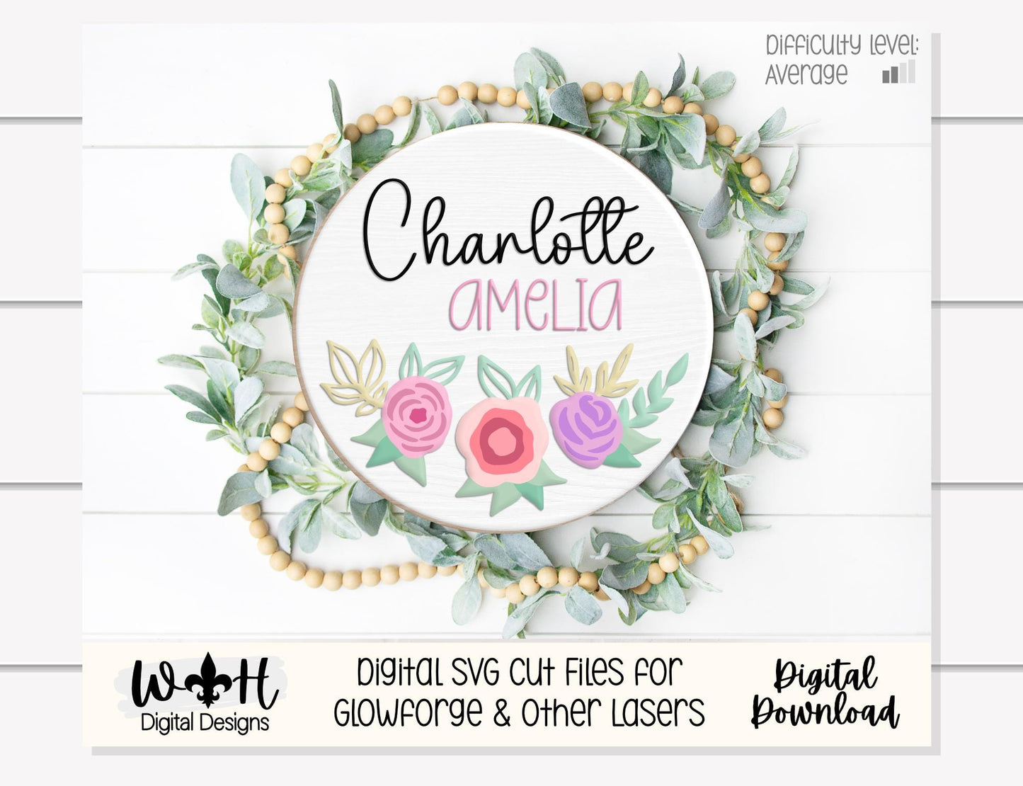 Charlotte Amelia Inset Rose Cluster Florals - Baby Girl Nursery Sign - Birthday and Wedding Decor - Digital SVG Cut File For Glowforge Laser