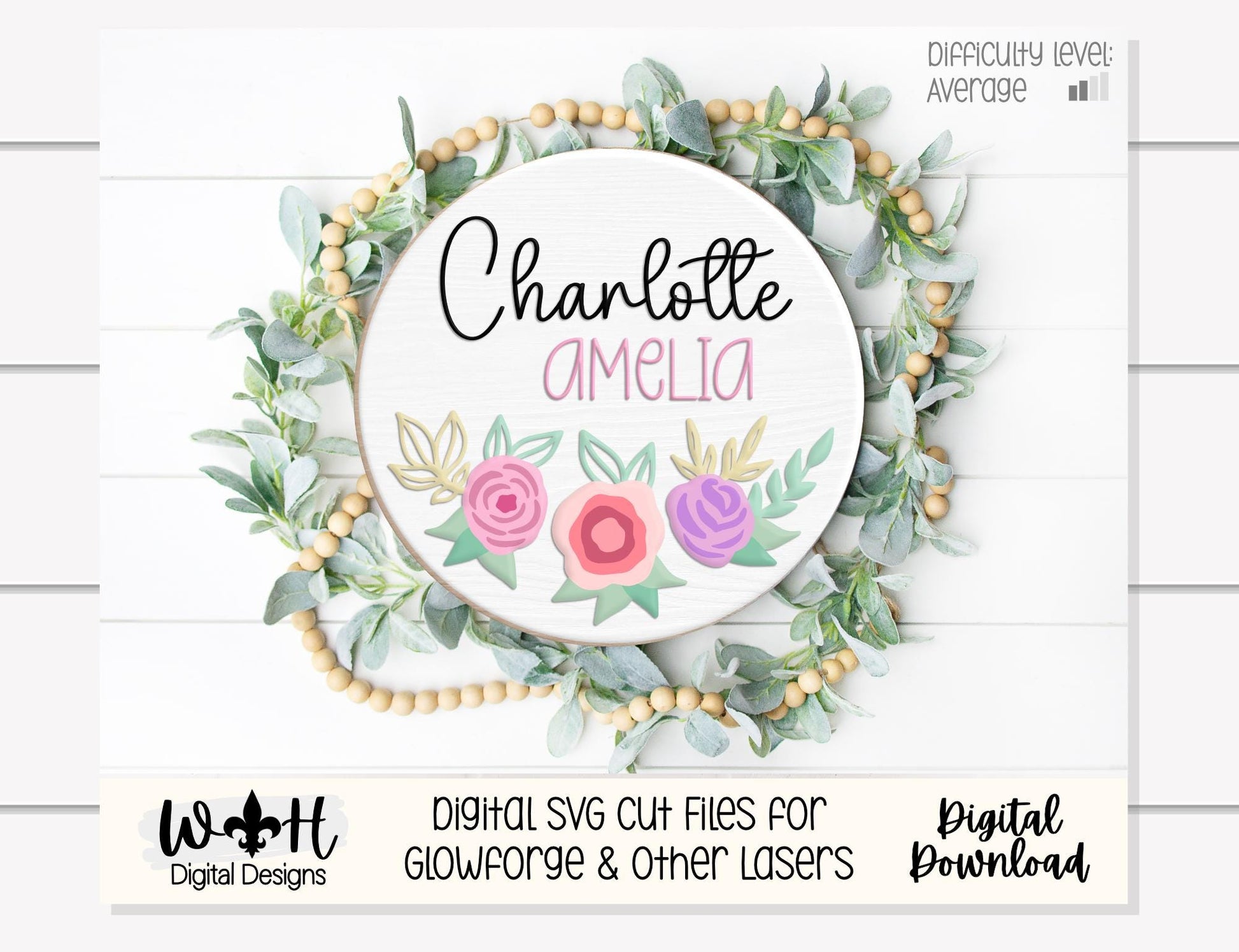 Charlotte Amelia Inset Rose Cluster Florals - Baby Girl Nursery Sign - Birthday and Wedding Decor - Digital SVG Cut File For Glowforge Laser
