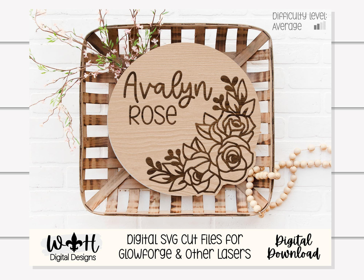 Avalynn Rose Outline Florals - Baby Nursery Round - Sign Making and DIY Kits - Offset Floral Digital SVG Cut File For Glowforge Lasers