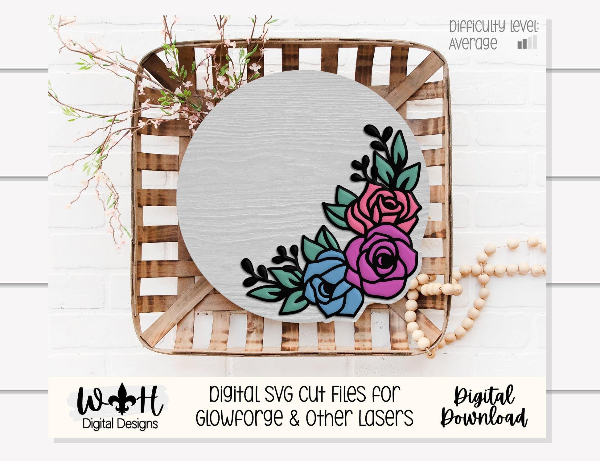 Avalynn Rose Outline Florals - Baby Nursery Round - Sign Making and DIY Kits - Offset Floral Digital SVG Cut File For Glowforge Lasers