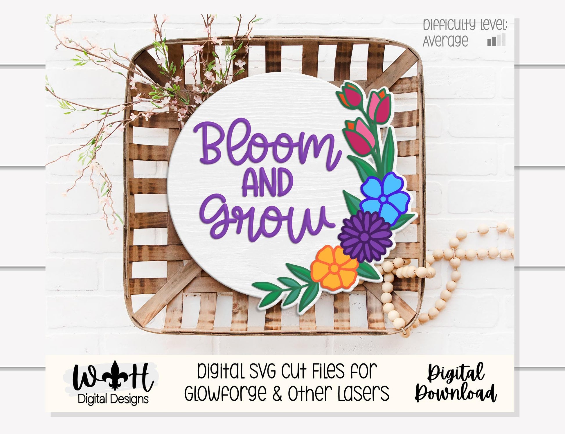 Bloom and Grow Spring Florals - Seasonal Door Round - Sign Making and DIY Kits - Digital SVG Cut File For Glowforge Lasers