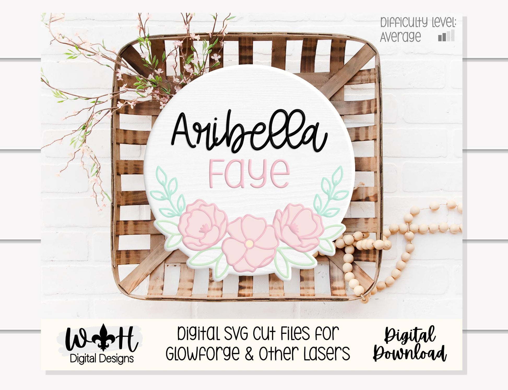 Aribella Faye Peony Blossoms - Baby Nursery Round - Sign Making and DIY Kits - Offset Floral Digital SVG Cut File For Glowforge Lasers