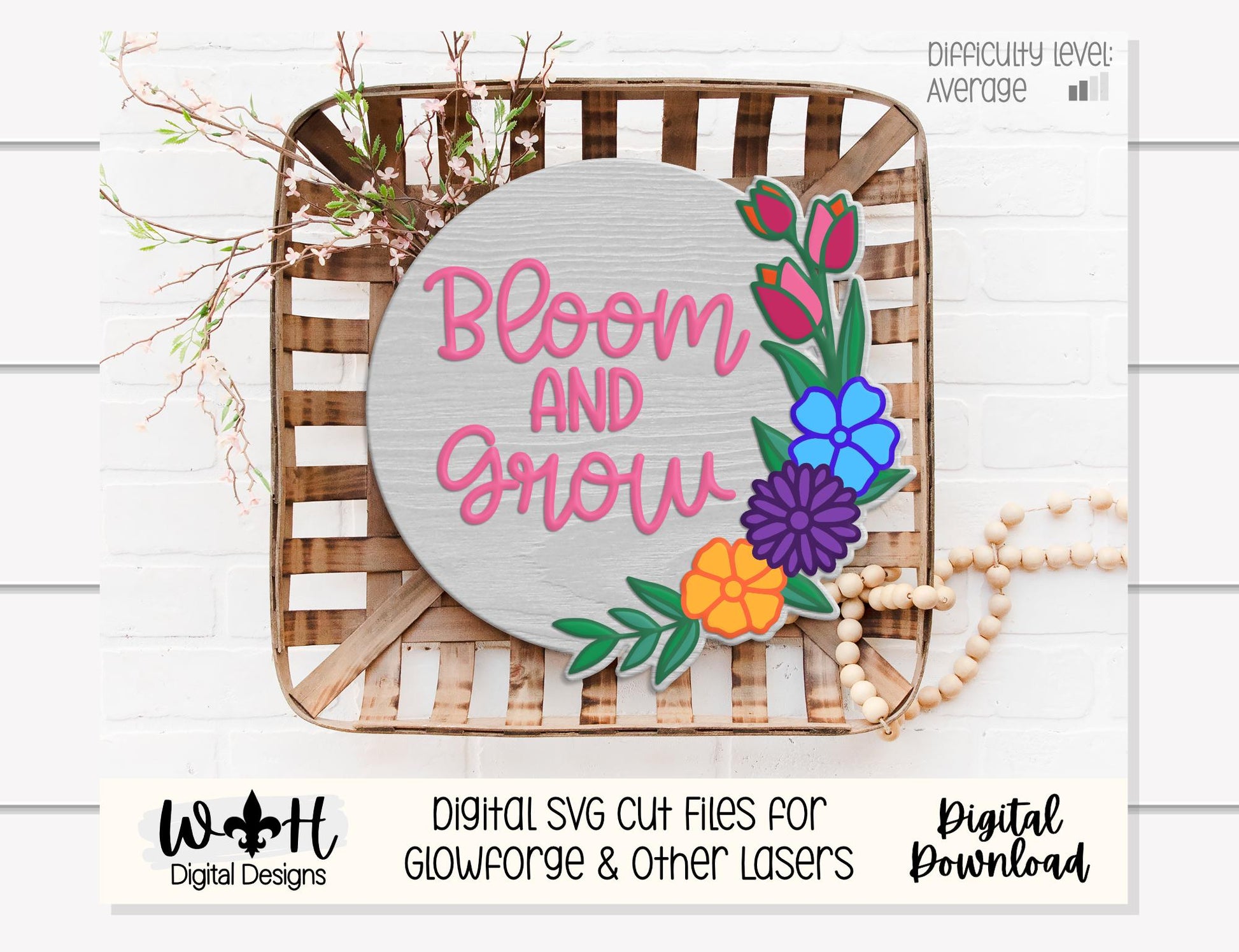 Bloom and Grow Spring Florals - Seasonal Door Round - Sign Making and DIY Kits - Digital SVG Cut File For Glowforge Lasers