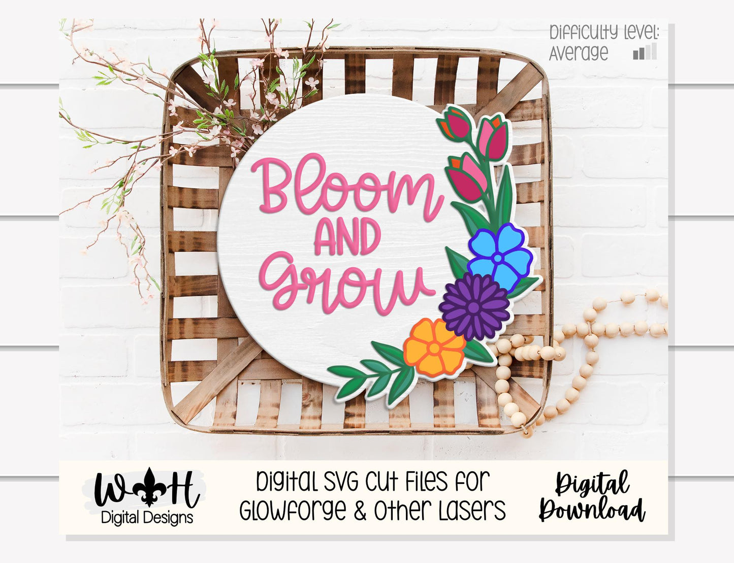 Bloom and Grow Spring Florals - Seasonal Door Round - Sign Making and DIY Kits - Digital SVG Cut File For Glowforge Lasers