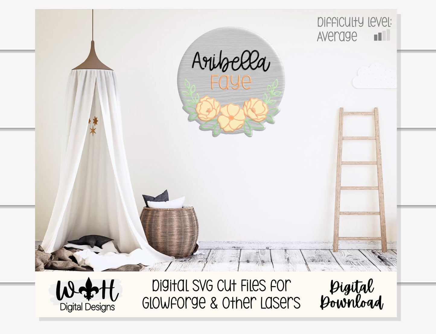 Aribella Faye Peony Blossoms - Baby Nursery Round - Sign Making and DIY Kits - Offset Floral Digital SVG Cut File For Glowforge Lasers