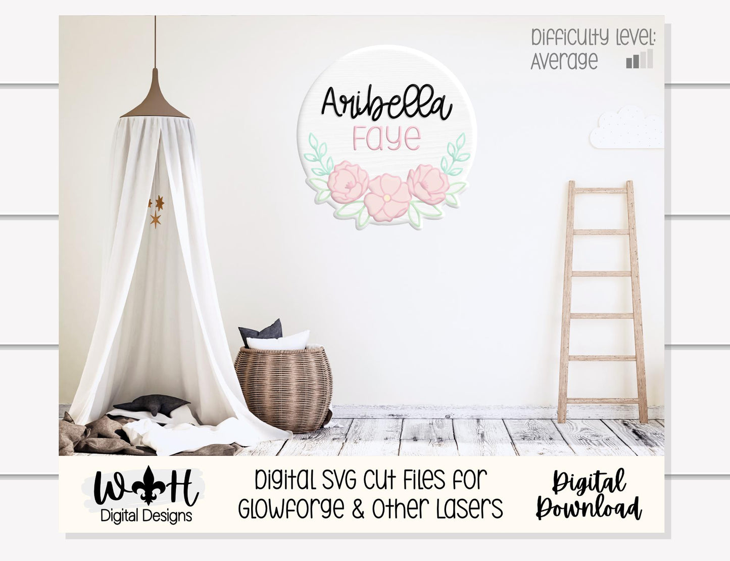 Aribella Faye Peony Blossoms - Baby Nursery Round - Sign Making and DIY Kits - Offset Floral Digital SVG Cut File For Glowforge Lasers