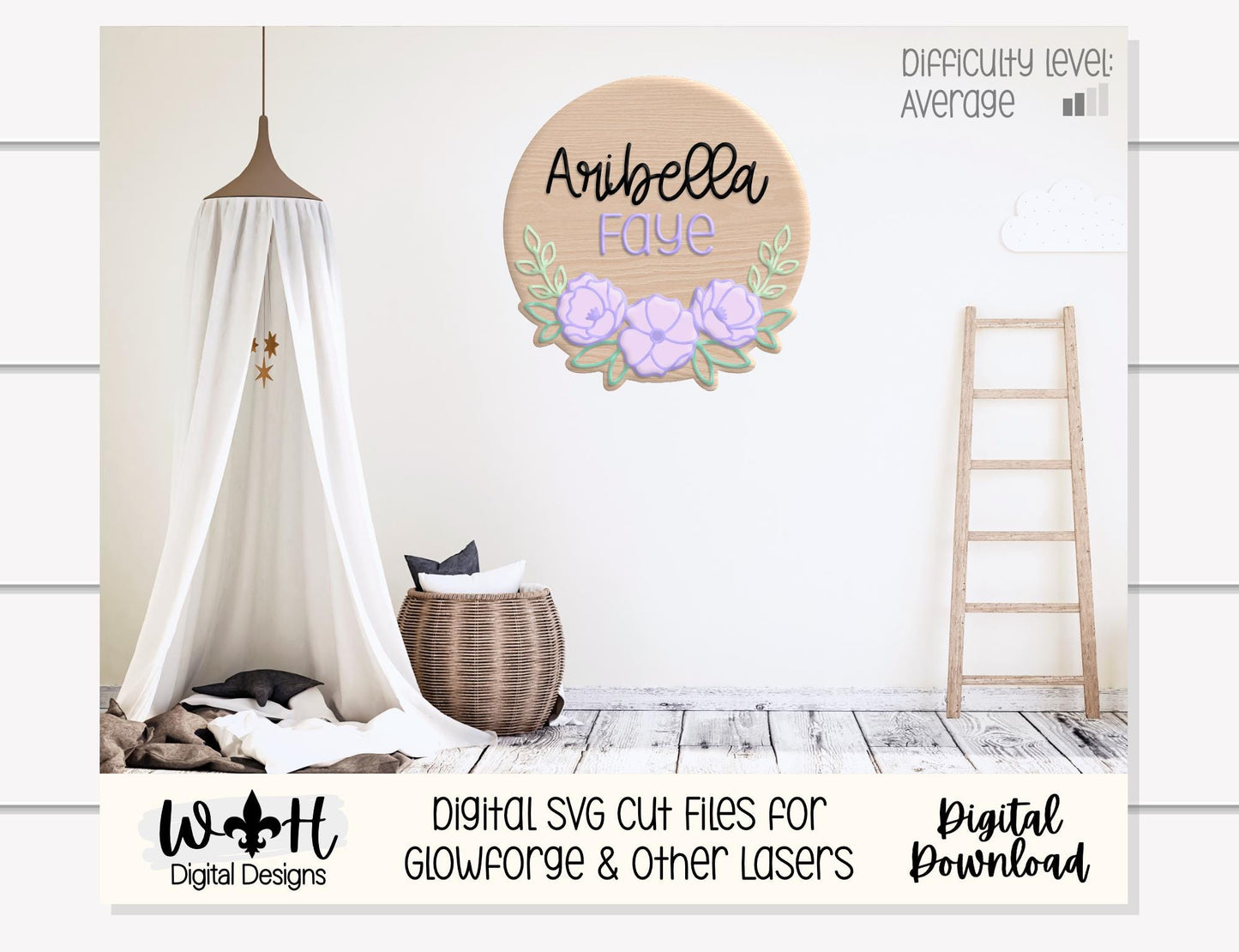 Aribella Faye Peony Blossoms - Baby Nursery Round - Sign Making and DIY Kits - Offset Floral Digital SVG Cut File For Glowforge Lasers