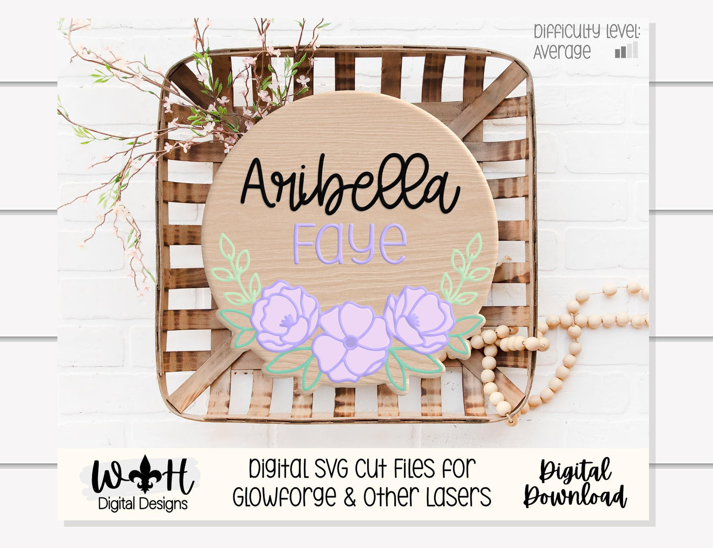 Aribella Faye Peony Blossoms - Baby Nursery Round - Sign Making and DIY Kits - Offset Floral Digital SVG Cut File For Glowforge Lasers