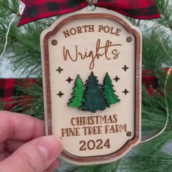 North Pole Christmas Pine Tree Farm - Personalized Family Name Lightcatcher Ornament - Vintage Rustic Farmhouse - Christmas 2024 Keepsake