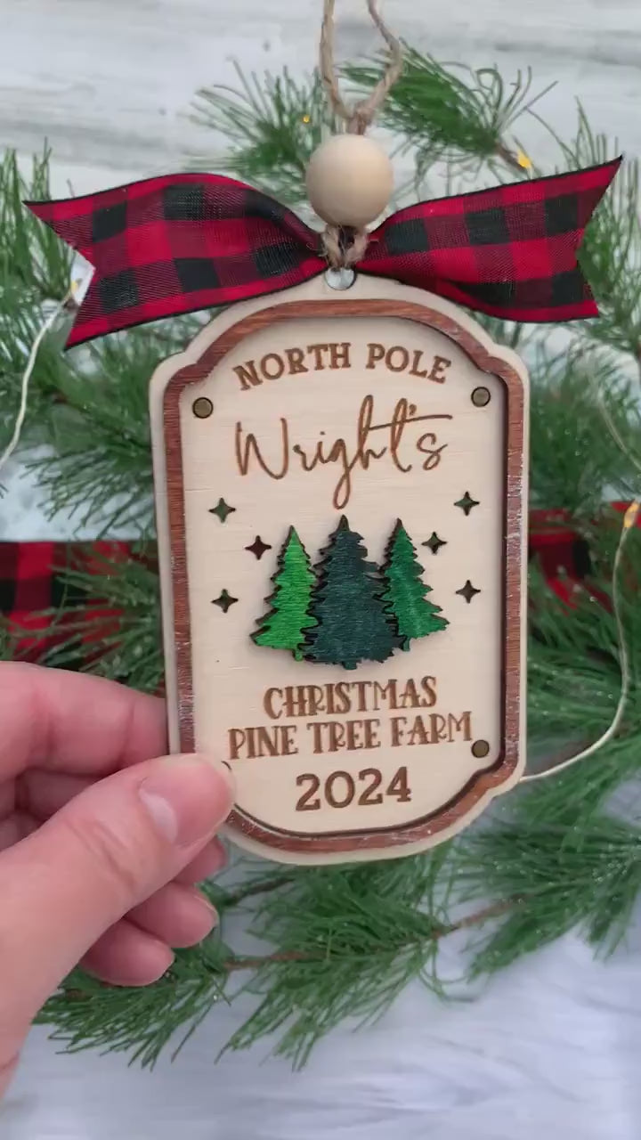 North Pole Christmas Pine Tree Farm - Personalized Family Name Lightcatcher Ornament - Vintage Rustic Farmhouse - Christmas 2024 Keepsake