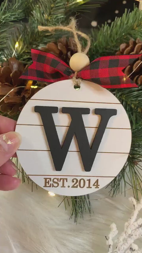 Engraved Established Year and Initial Monogram - Farmhouse Christmas Tree Ornament - Shiplap Stocking Tag - Yearly Holiday Gift for Couples