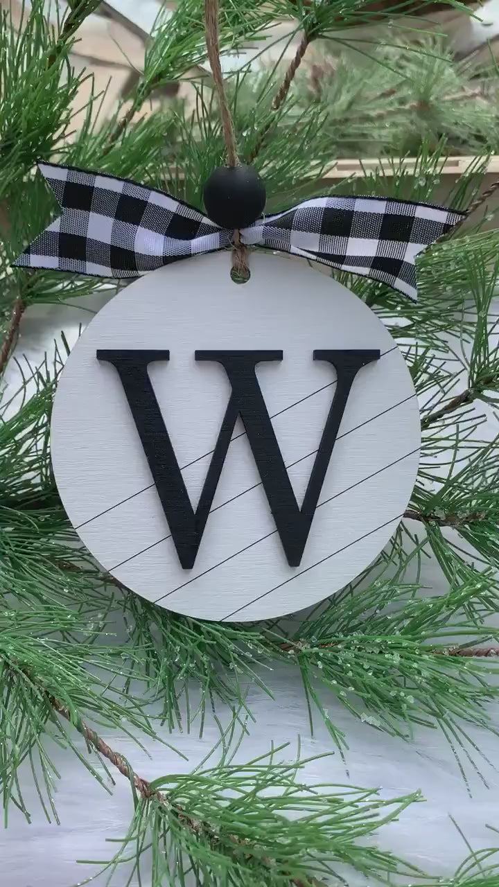 Custom Initial Pattern Monogram Ornament - Farmhouse Minimalist Christmas Tree Ornament - Round Shiplap Stocking Tag - Couples Holiday Gift