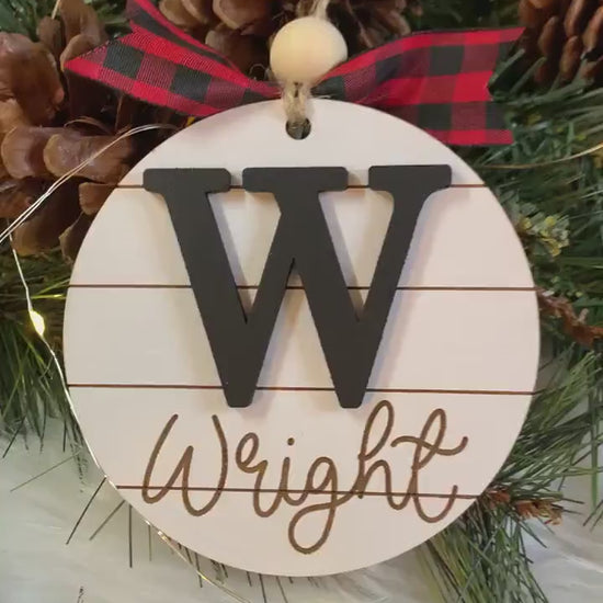 Engraved Family Name and Initial - Farmhouse Christmas Tree Ornament - Shiplap Stocking Tag - First Christmas - Holiday Gift for Couples