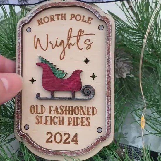 North Pole Old Fashioned Sleigh Rides - Personalized Family Name Lightcatcher Ornament - Vintage Rustic Farmhouse - Christmas 2024 Keepsake