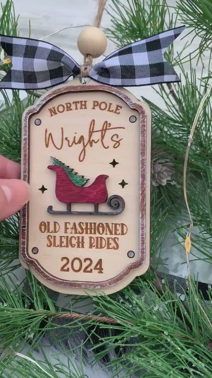 North Pole Old Fashioned Sleigh Rides - Personalized Family Name Lightcatcher Ornament - Vintage Rustic Farmhouse - Christmas 2024 Keepsake