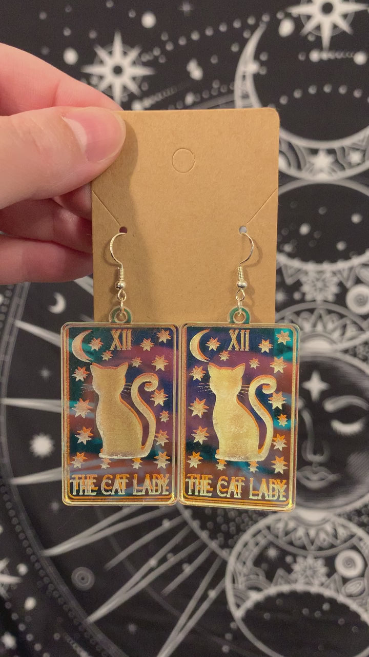 The Cat Lady Tarot Card Witchy Halloween Earrings - Engraved Iridescent Acrylic Handmade Jewelry