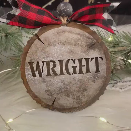 Personalized Last Name - Rustic Galvanized Cookie Tree Ornament - Stencil Wood Slice - Ski Lodge Tree Ornament - Holiday Gift for Couples