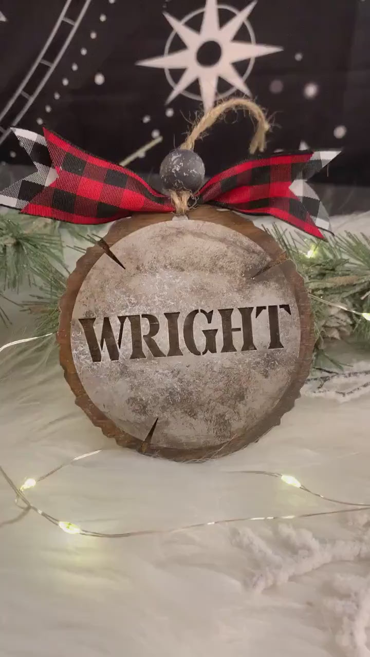 Personalized Last Name - Rustic Galvanized Cookie Tree Ornament - Stencil Wood Slice - Ski Lodge Tree Ornament - Holiday Gift for Couples