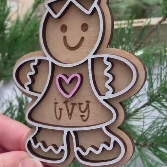 Gingerbread Boy and Girl Cookie Ornaments - Personalized Name Keepsake For Kids - Wooden Gift Bag and Stocking Tag - Gift For Grandparents