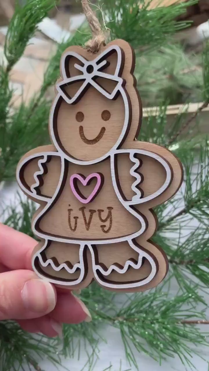 Gingerbread Boy and Girl Cookie Ornaments - Personalized Name Keepsake For Kids - Wooden Gift Bag and Stocking Tag - Gift For Grandparents