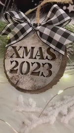 Load and play video in Gallery viewer, 2023 Rustic Farmhouse Galvanized Cookie Tree Ornament - Yearly Ornament - Stencil Wood Slice - Ski Lodge Style Ornament and Stocking Tag
