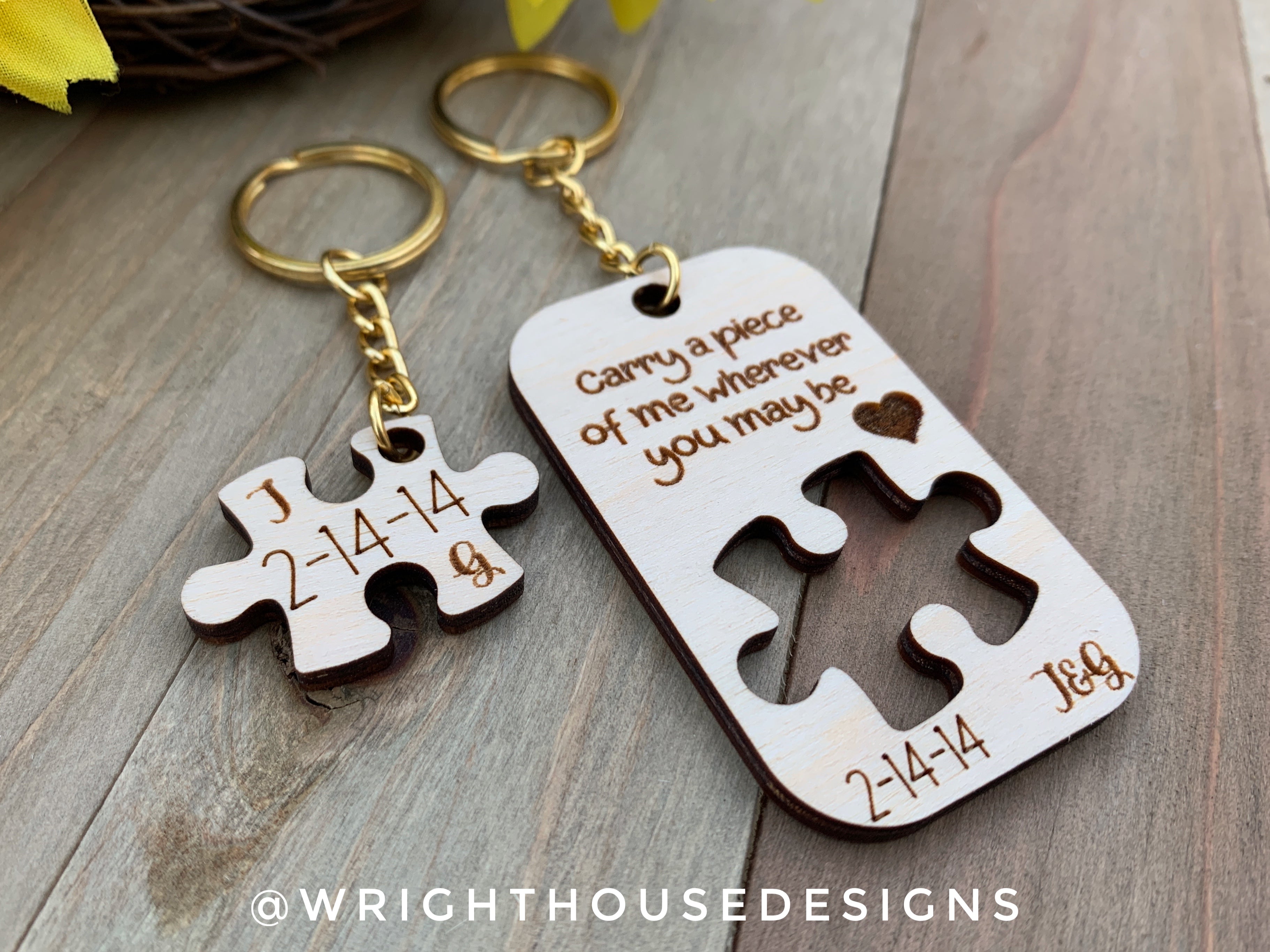 Carry a Piece of Me Wherever You May Be - Couples Interlocking Wooden Personalized Keychain