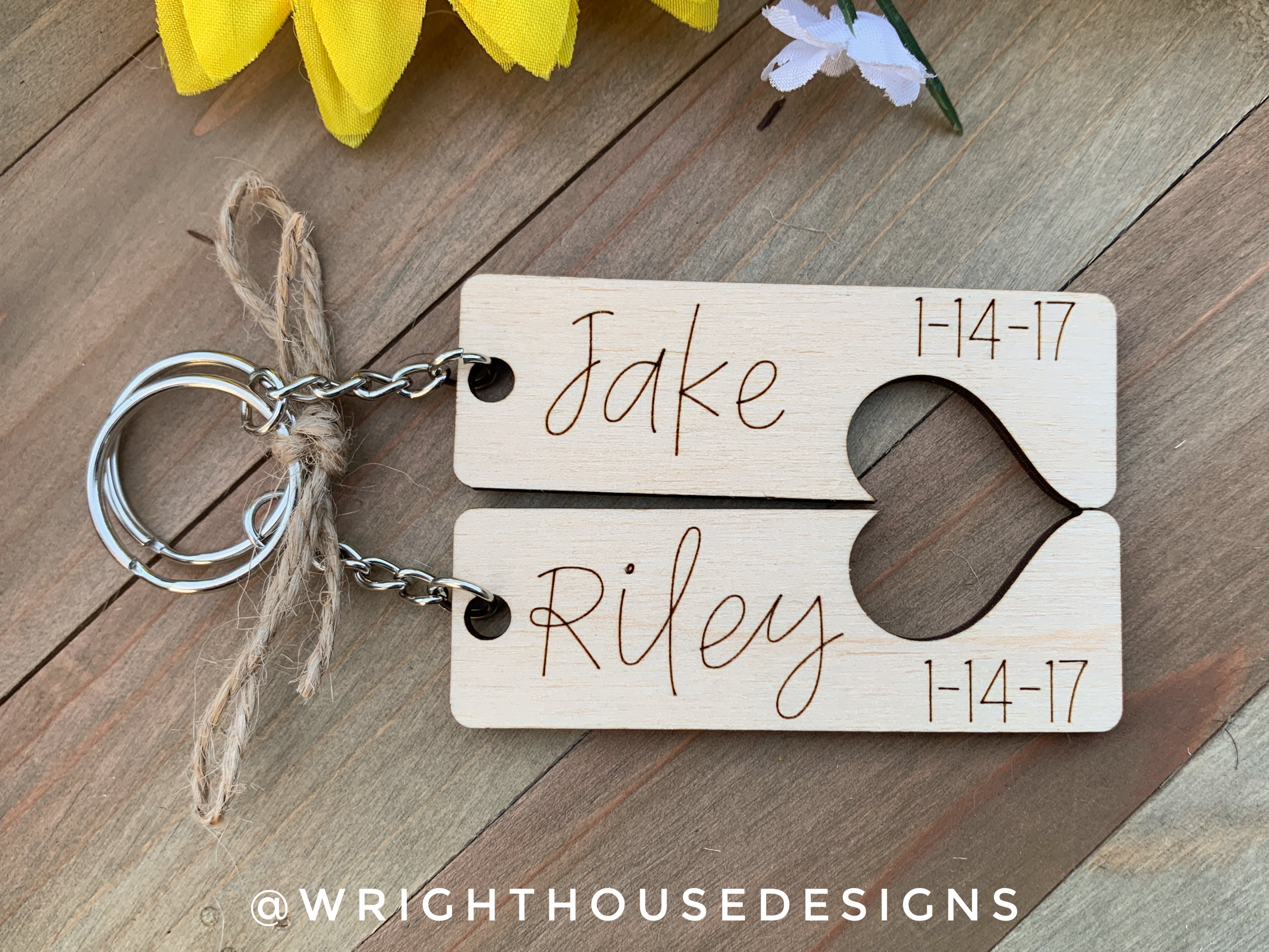 Personalized Monogram - Couple Keychains - Duo Heart Cut Out Wooden Keychain