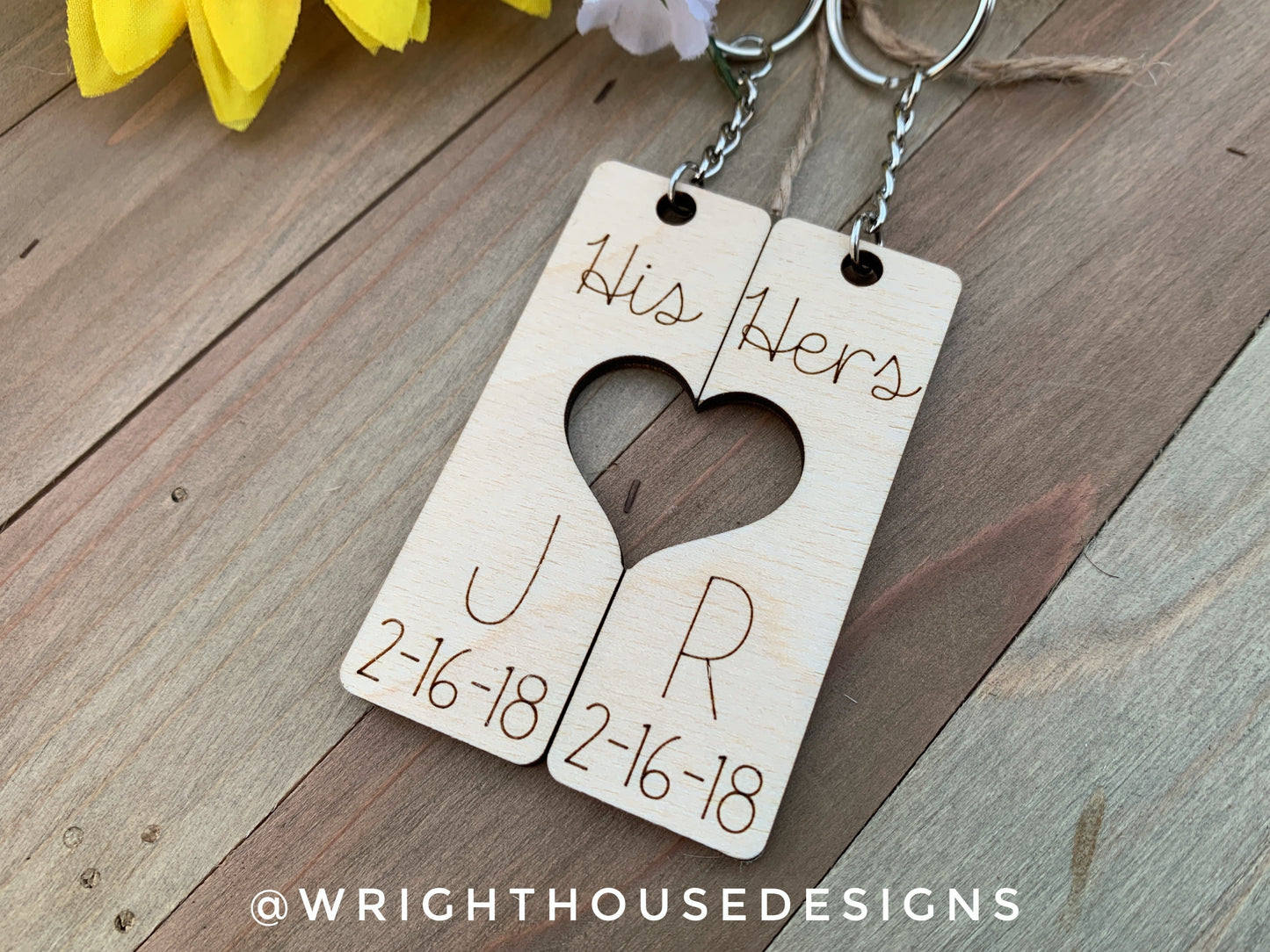 His and Hers - Couples Initial Interlocking Wooden Personalized Keychain