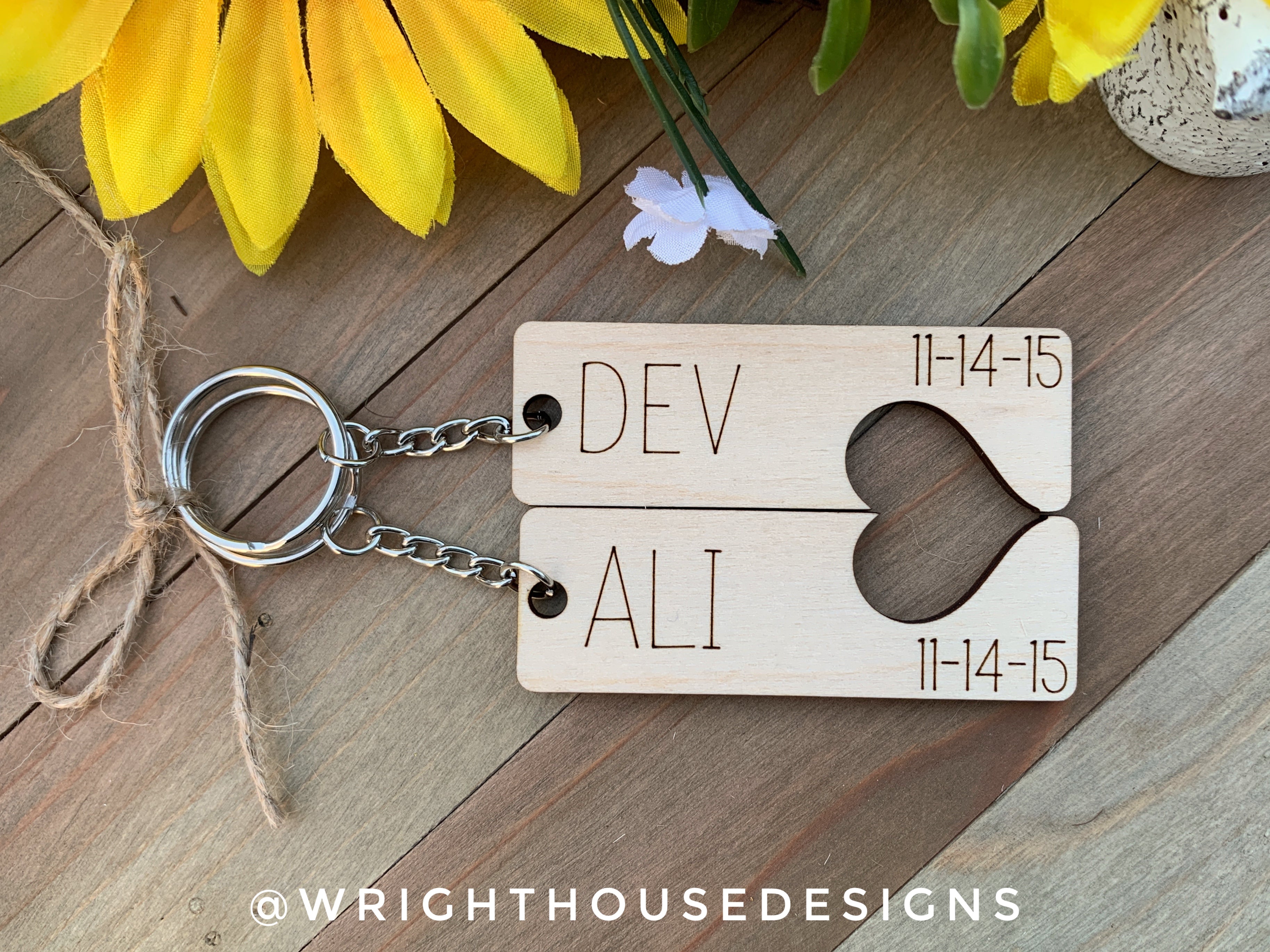 Personalized Monogram - Couple Keychains - Duo Heart Cut Out Wooden Keychain