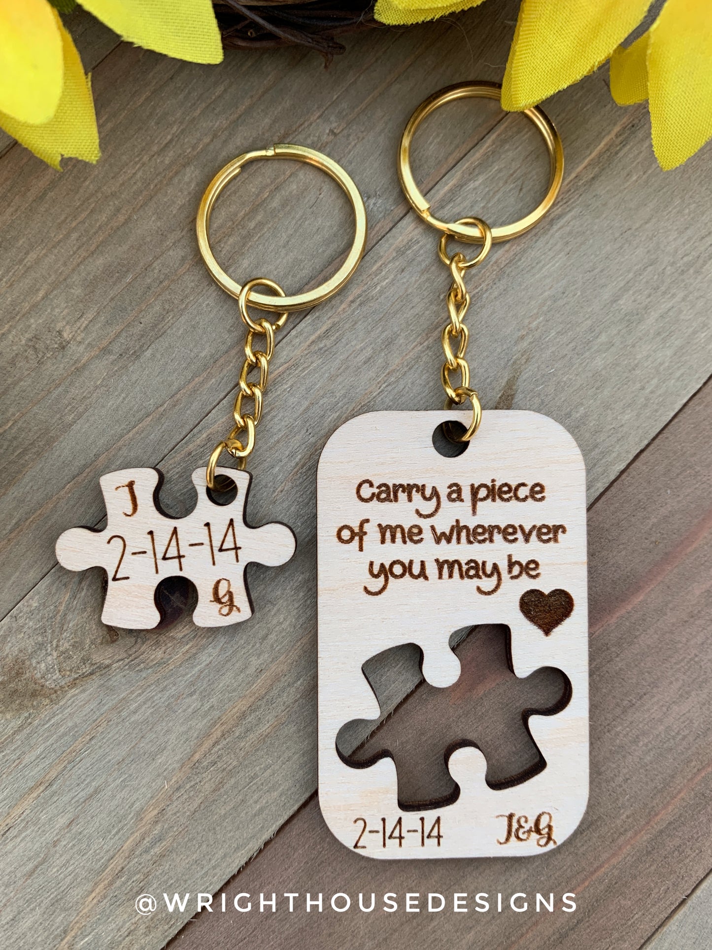 Carry a Piece of Me Wherever You May Be - Couples Interlocking Wooden Personalized Keychain