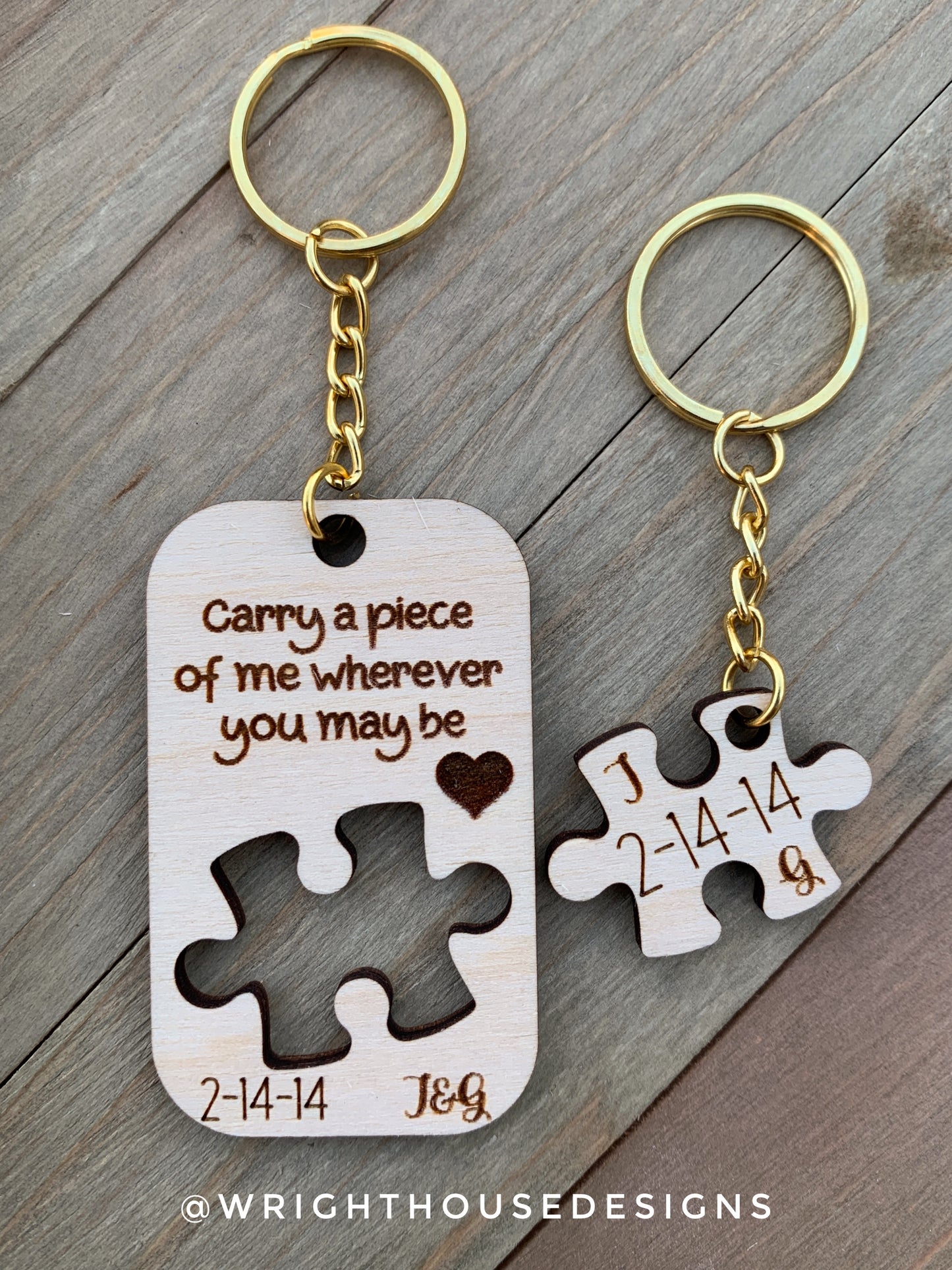 Carry a Piece of Me Wherever You May Be - Couples Interlocking Wooden Personalized Keychain