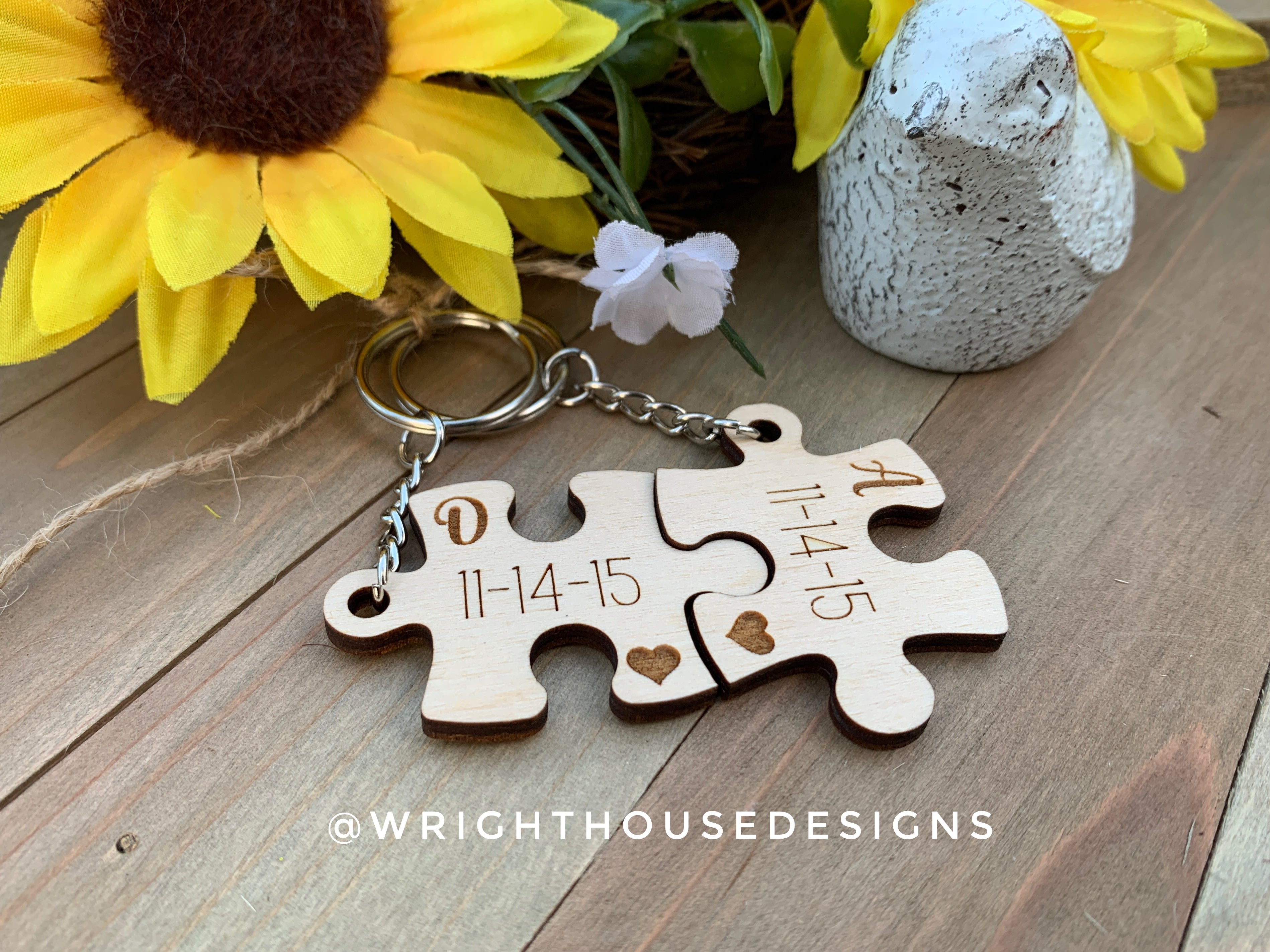 Couples Puzzle Piece - Couples Interlocking Wooden Personalized Keychains