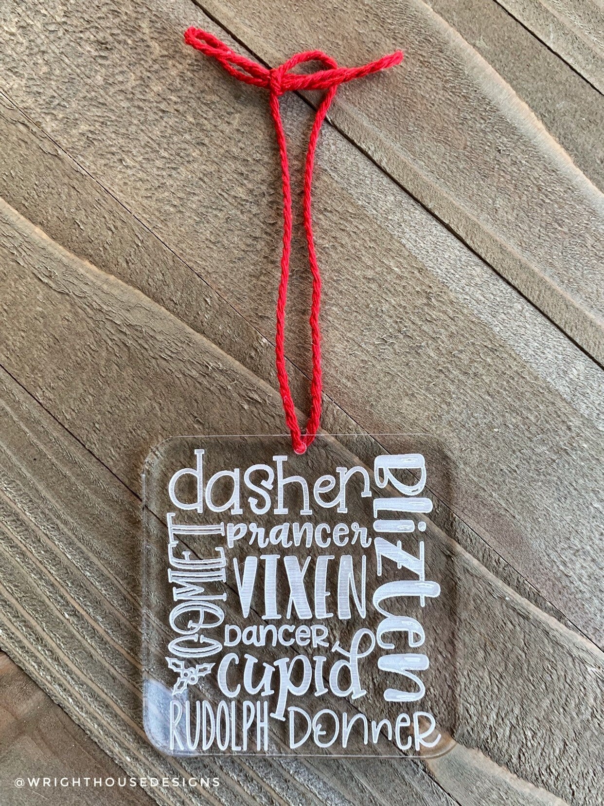 Santa ‘s Reindeer - Subway Style - Acrylic Christmas Tree Ornament - Hand Lettered - Laser Engraved - Gift Bag Tag