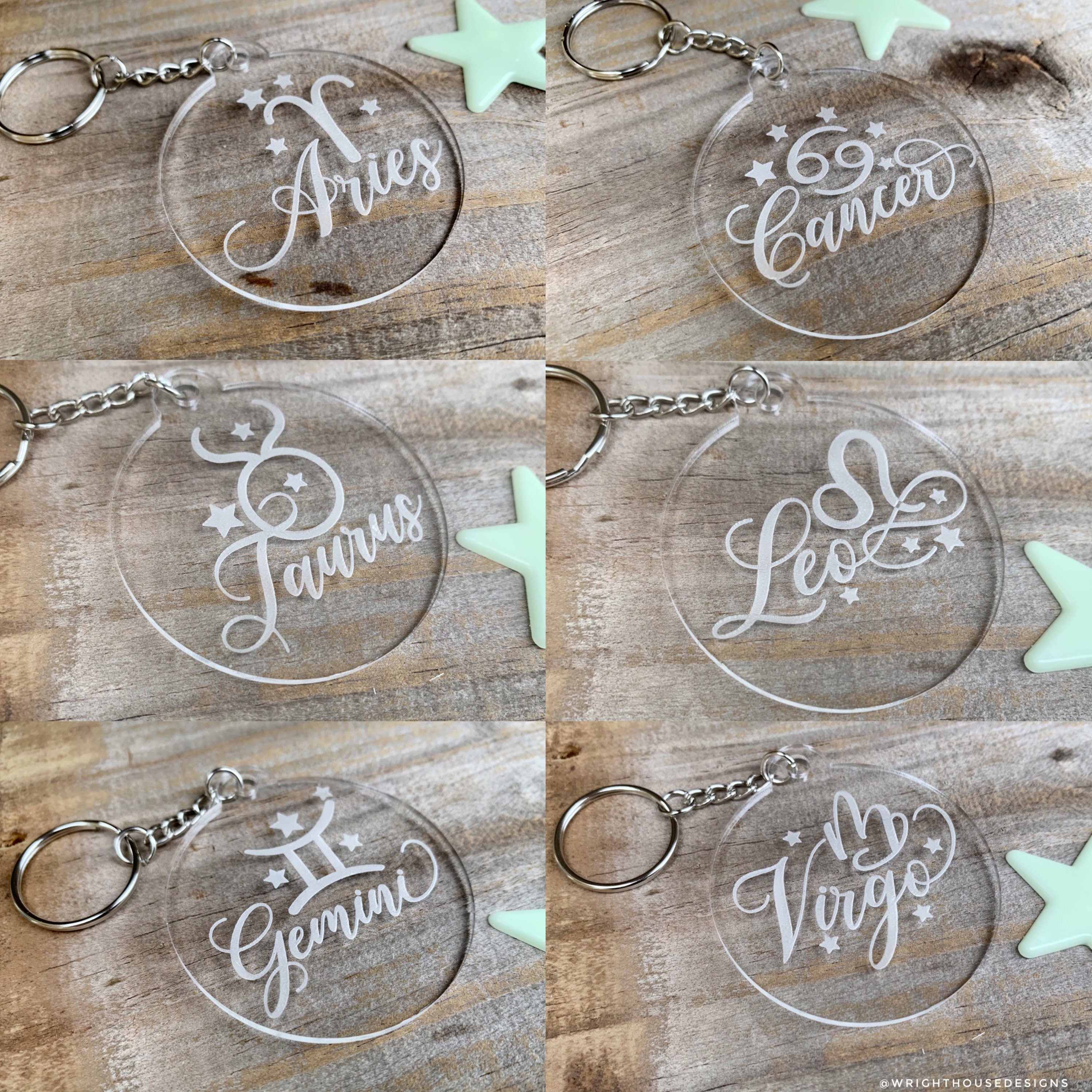 Laser Engraved Astrological Zodiac Acrylic Keychain - Constellation Star Sign Key Ring - Zodiac Sign and Stars - Personalized Novelty Gift