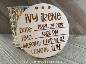 Baby Birth Stats - Newborn Vitals - Name Announcement - Personalized Newborn Nursery Wooden Round - Baby Milestone Keepsake