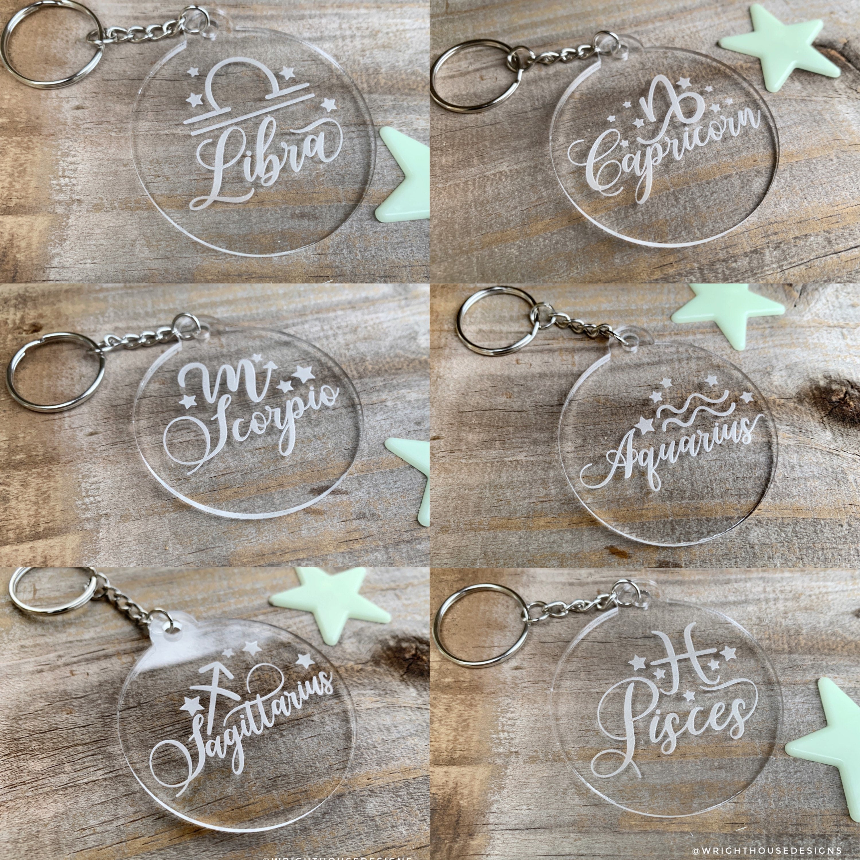 Laser Engraved Astrological Zodiac Acrylic Keychain - Constellation Star Sign Key Ring - Zodiac Sign and Stars - Personalized Novelty Gift