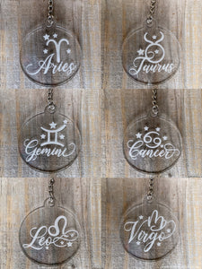 Laser Engraved Astrological Zodiac Acrylic Keychain - Constellation Star Sign Key Ring - Zodiac Sign and Stars - Personalized Novelty Gift