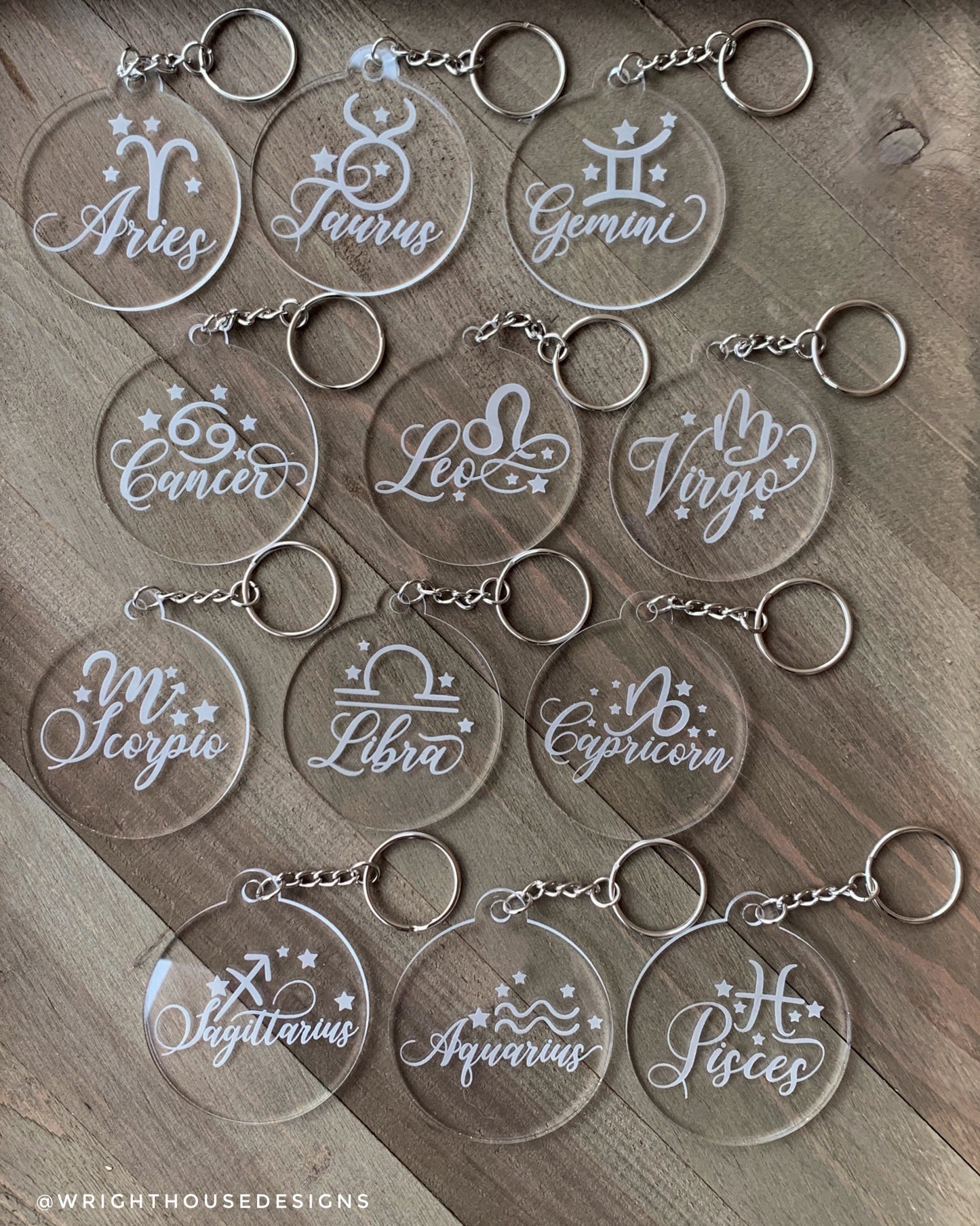 Laser Engraved Astrological Zodiac Acrylic Keychain - Constellation Star Sign Key Ring - Zodiac Sign and Stars - Personalized Novelty Gift