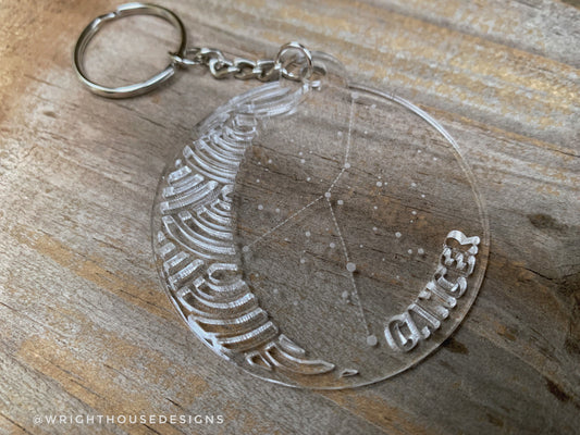 Laser Engraved Astrological Zodiac Acrylic Keychain - Constellation Star Sign Key Ring - Laser Cut Moon and Star - Personalized Novelty Gift