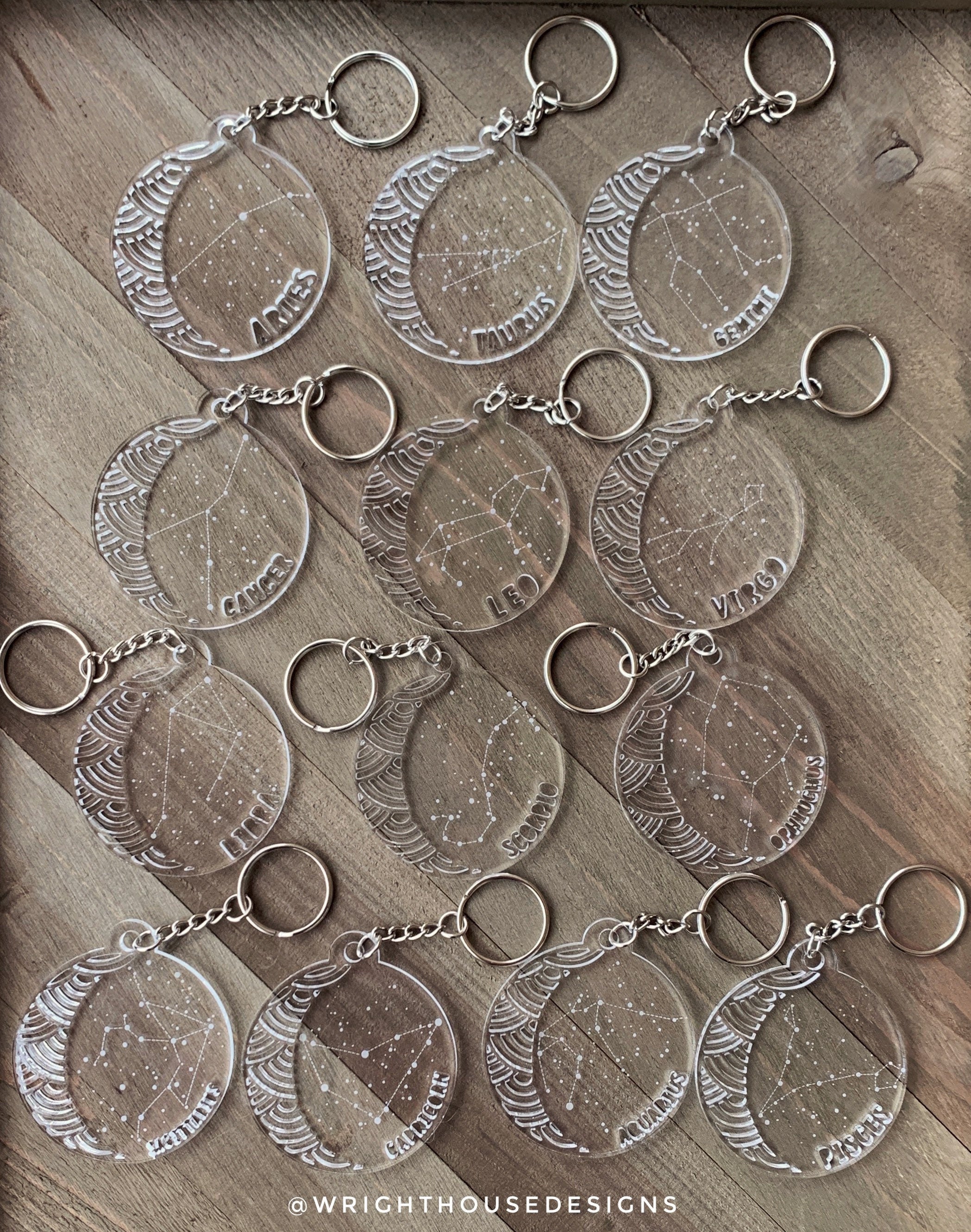 Laser Engraved Astrological Zodiac Acrylic Keychain - Constellation Star Sign Key Ring - Laser Cut Moon and Star - Personalized Novelty Gift