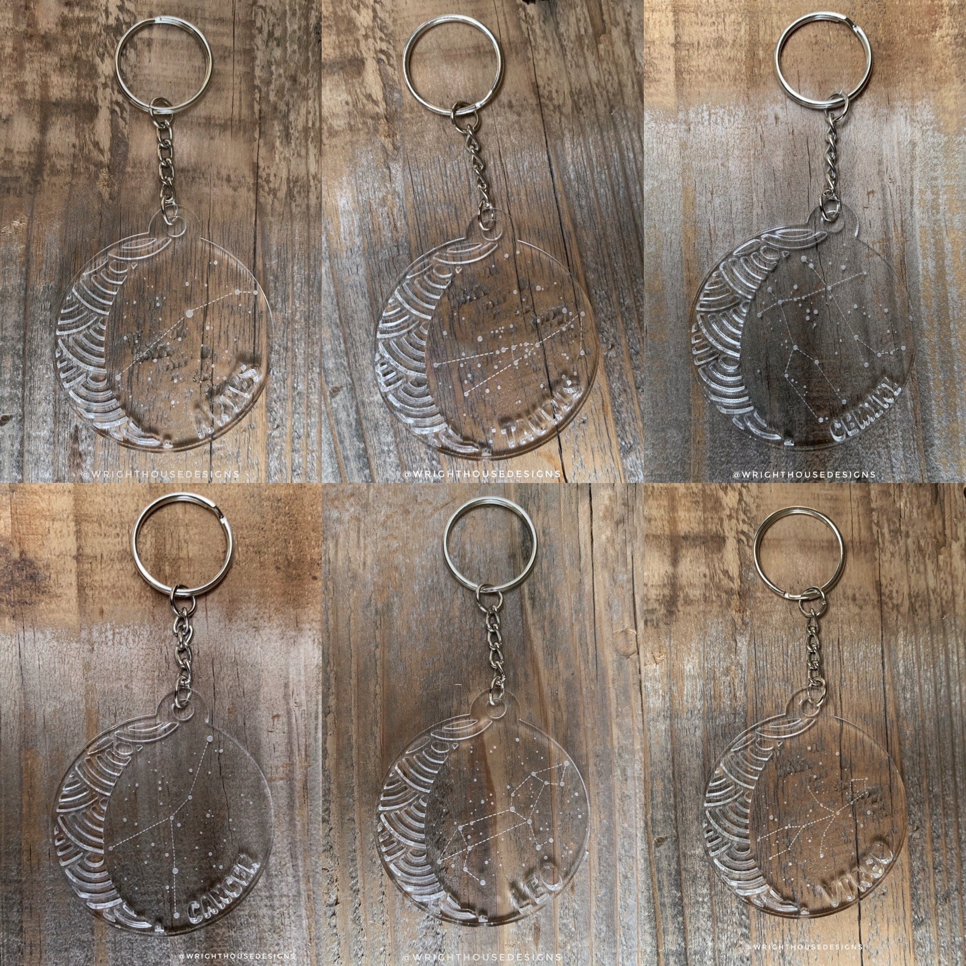 Laser Engraved Astrological Zodiac Acrylic Keychain - Constellation Star Sign Key Ring - Laser Cut Moon and Star - Personalized Novelty Gift