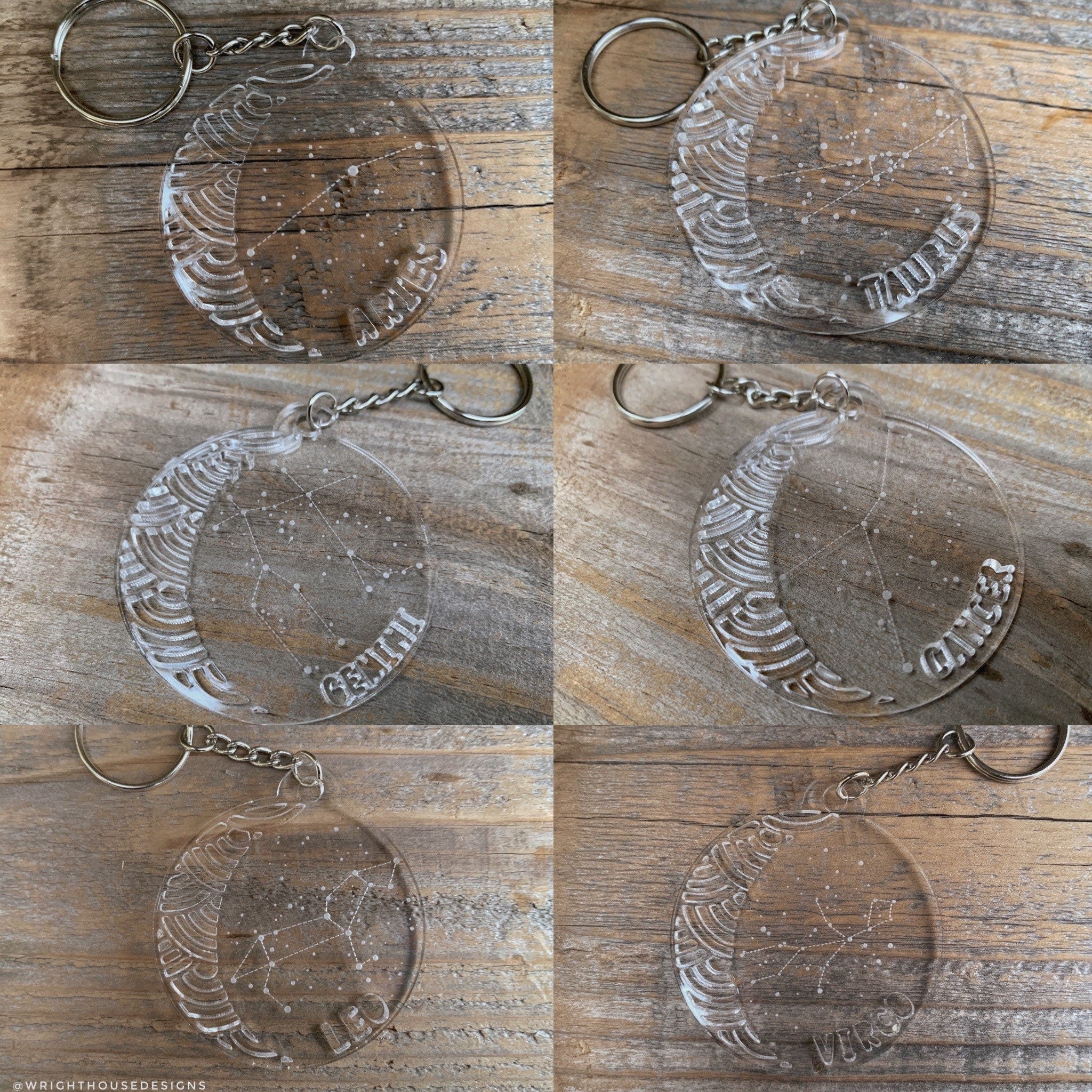 Laser Engraved Astrological Zodiac Acrylic Keychain - Constellation Star Sign Key Ring - Laser Cut Moon and Star - Personalized Novelty Gift