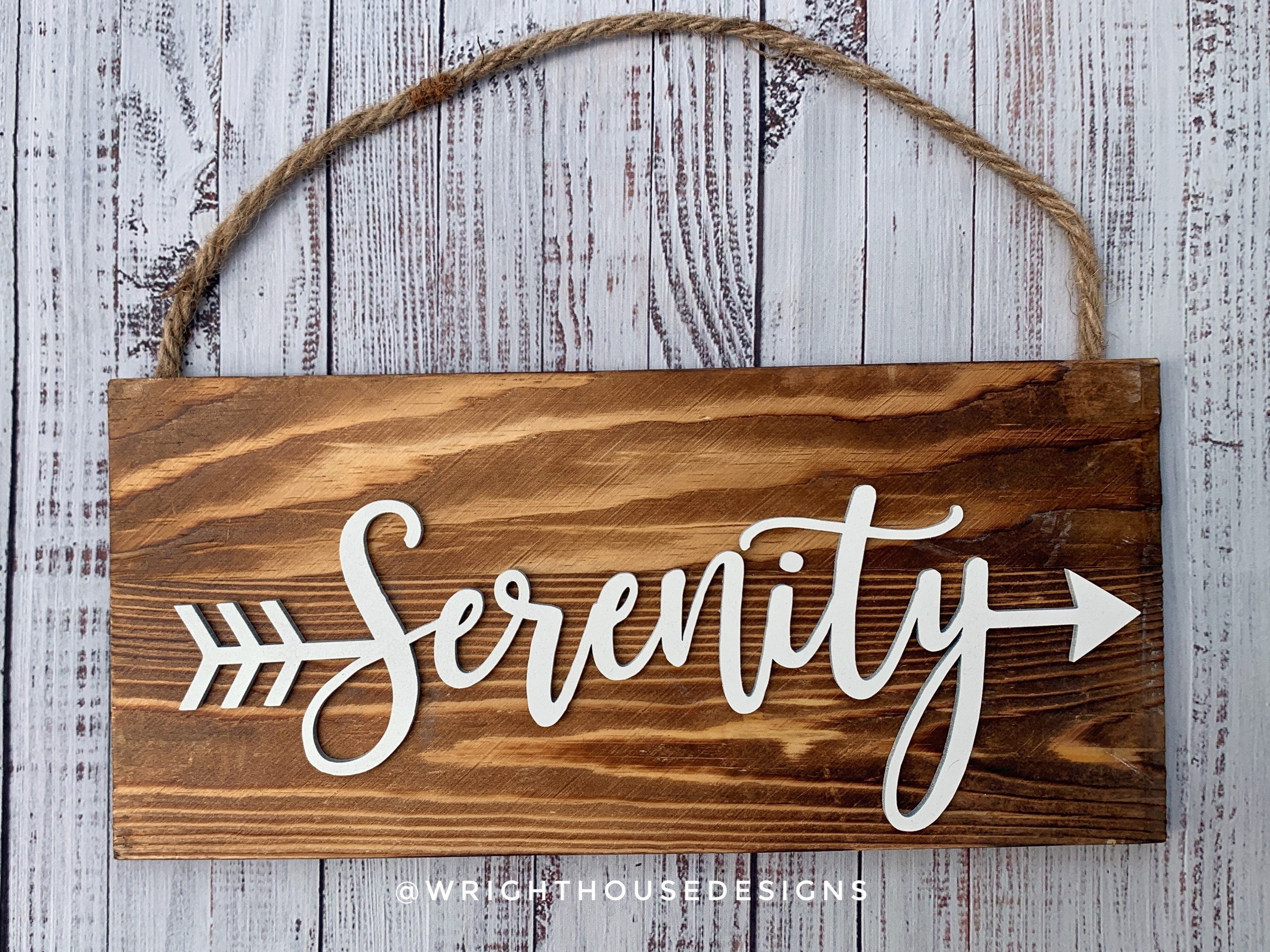 Serenity Arrow Word Art - Rustic Farmhouse - Reclaimed Pallet Plank Board Sign - Wooden Wall Art - Bookshelf Decor and She Shed Signs