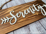 Load image into Gallery viewer, Serenity Arrow Word Art - Rustic Farmhouse - Reclaimed Pallet Plank Board Sign - Wooden Wall Art - Bookshelf Decor and She Shed Signs
