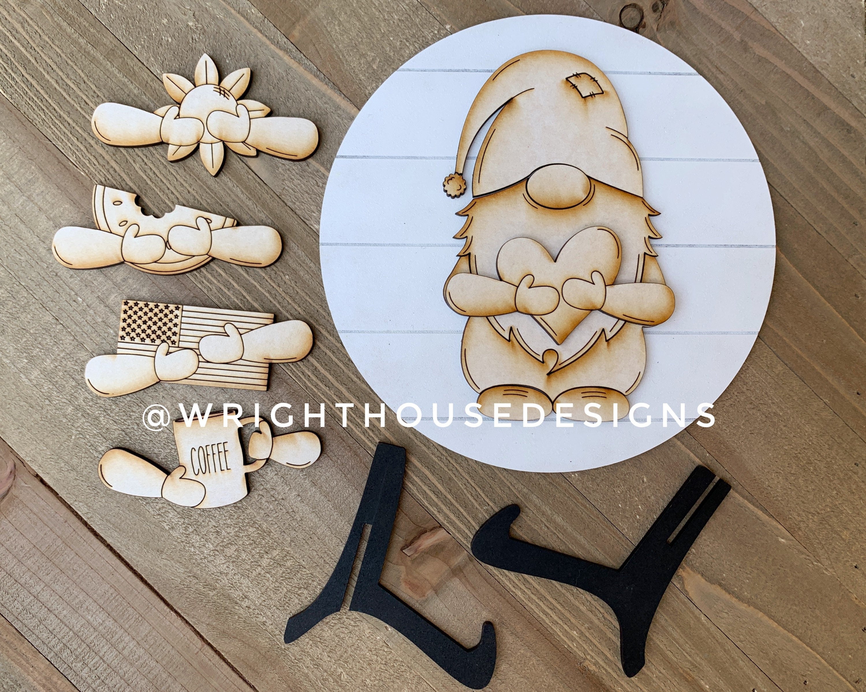 Gnome Interchangeable Sign - Blank Unfinished DIY Craft - Family Paint Night - Kids Art Project - Shelf Sitter Round Shiplap Sign With Stand